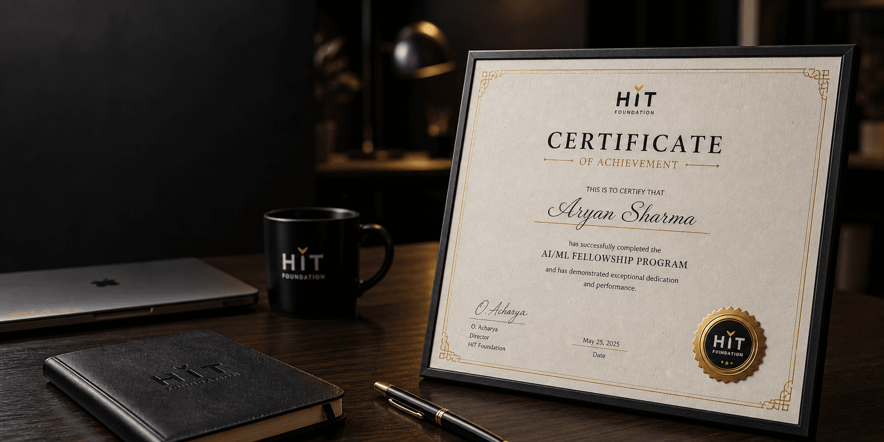 Premium HIT Foundation certificate displayed on a professional workspace desk