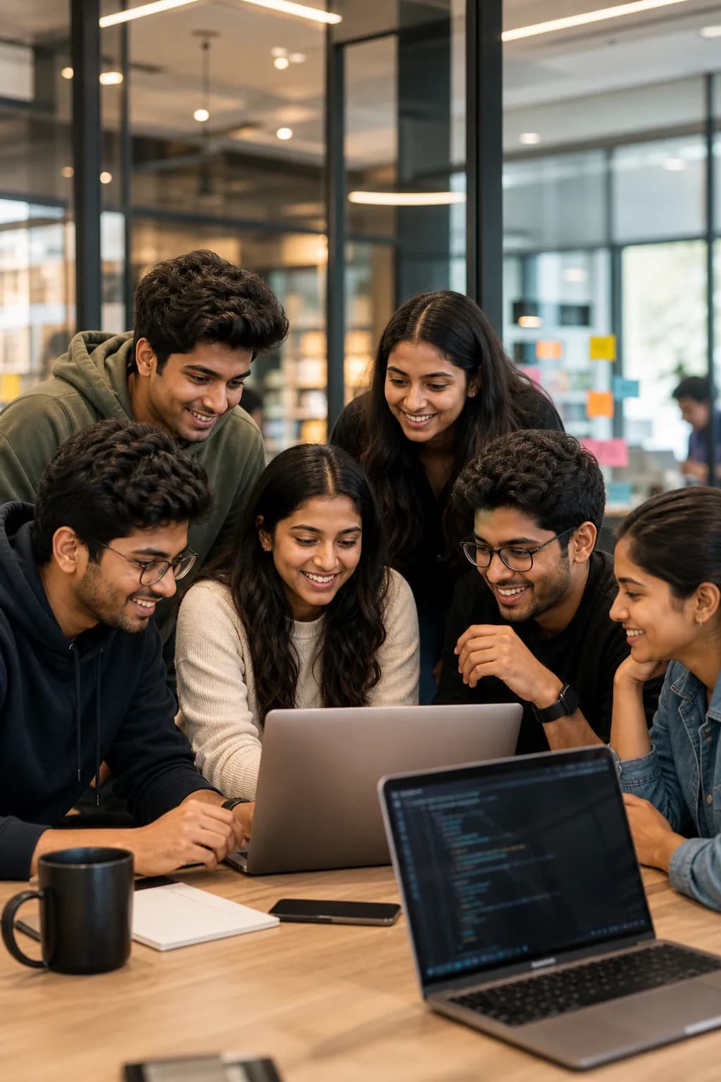 Indian college students collaborating during a startup hackathon session