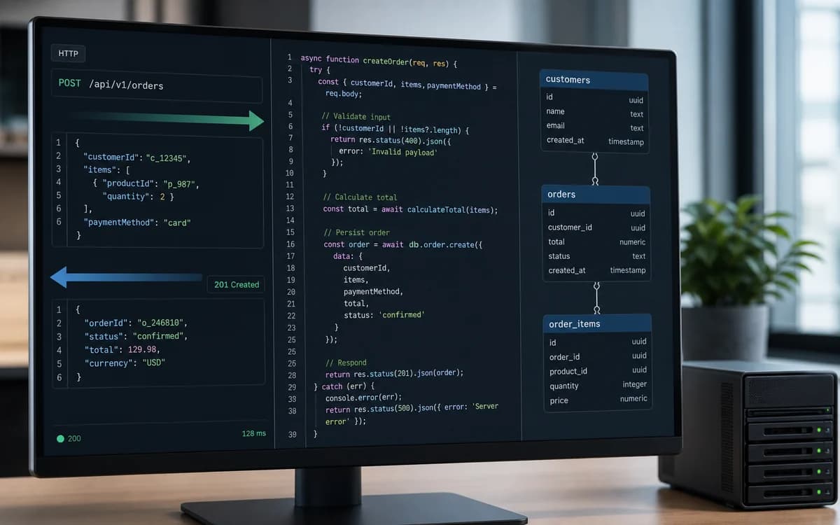 Server monitoring, network traffic and application logs representing backend development