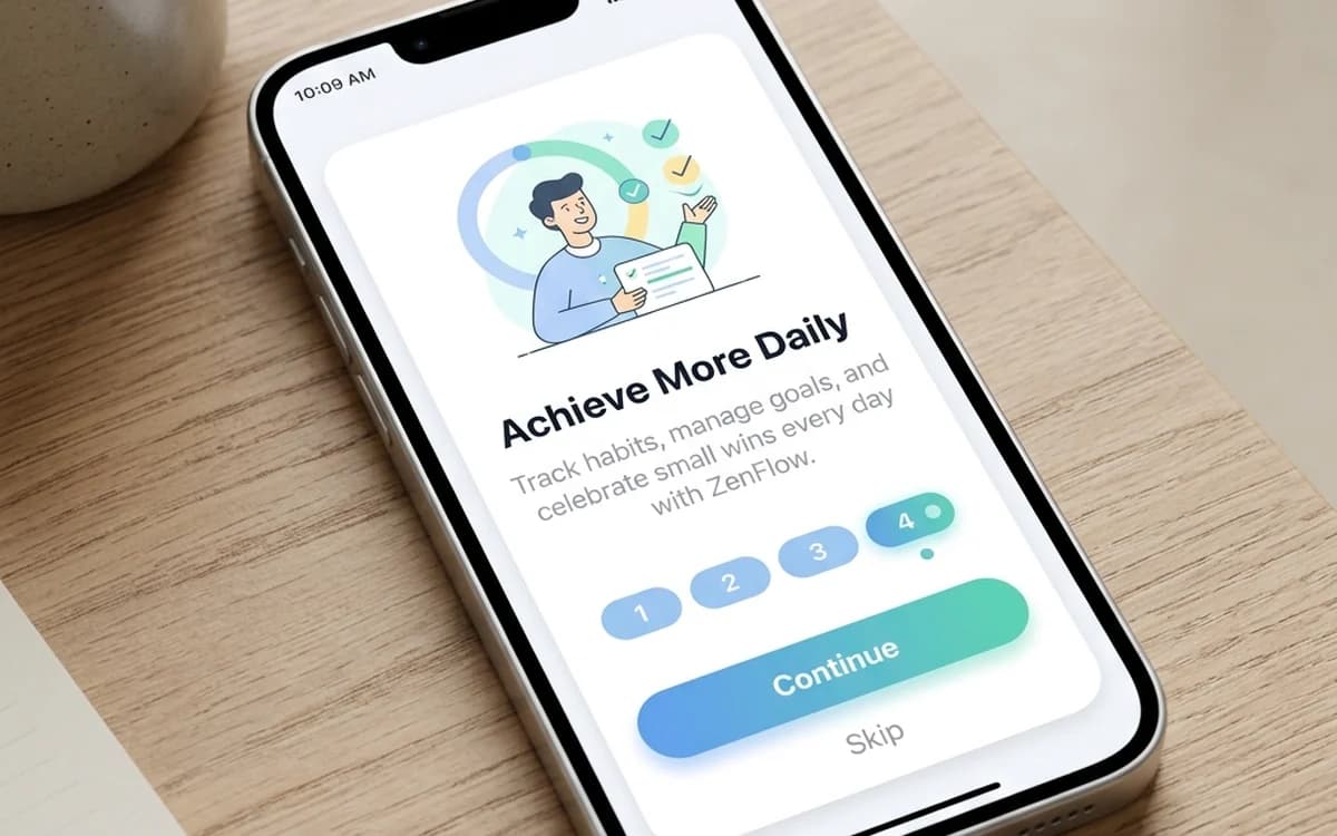 Mobile application onboarding flow displayed on a smartphone
