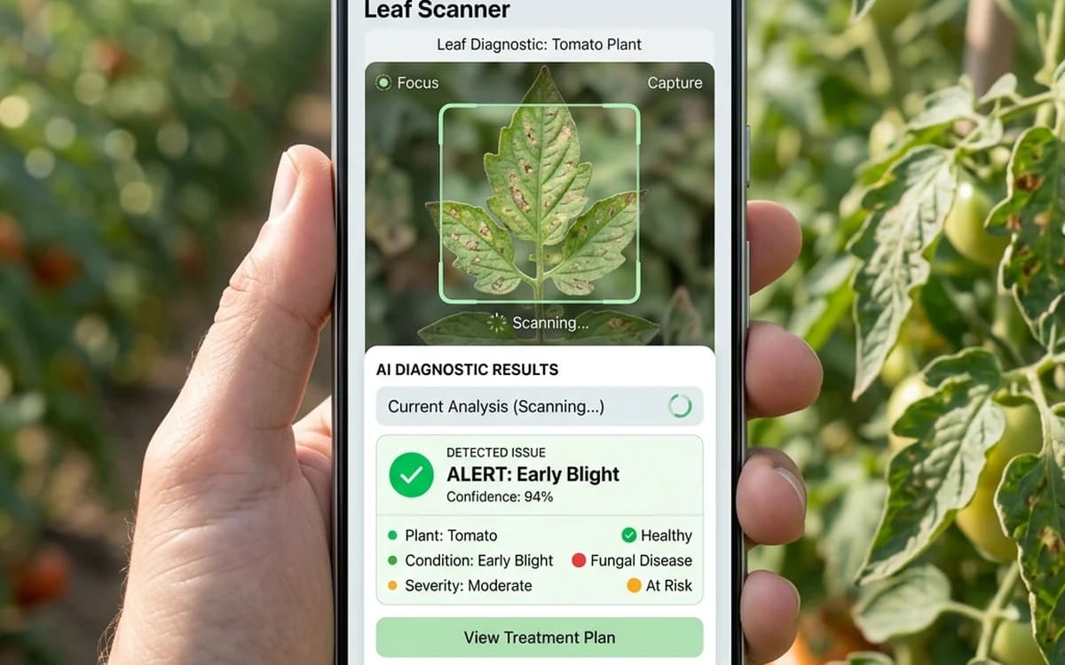 AI-powered crop diagnosis application identifying plant health from a camera scan