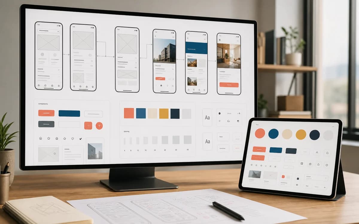Product design system showing typography, colors, buttons and interface components