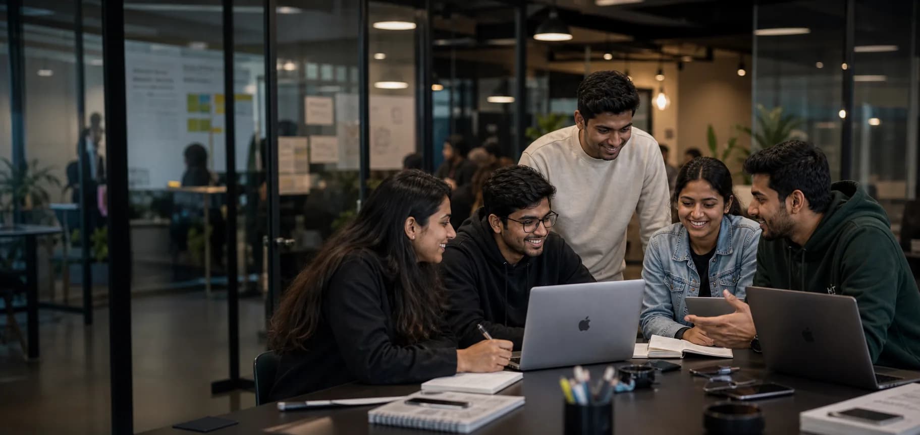 Students and mentors collaborating in a modern innovation workspace