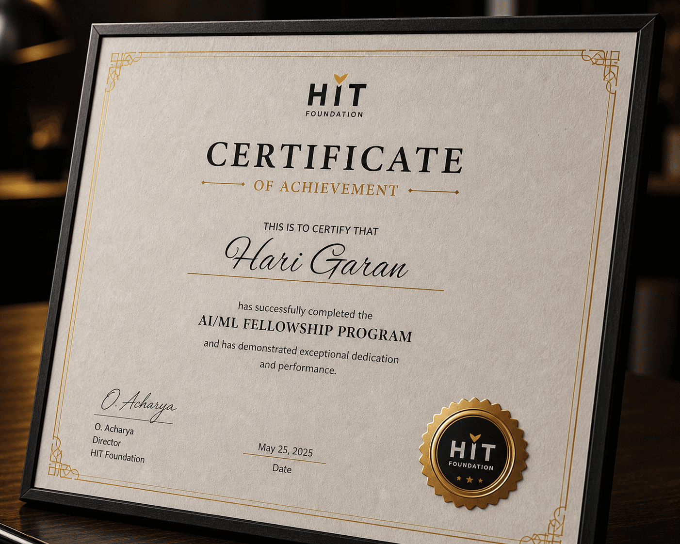 HIT Foundation Certificate of Achievement awarded to Hari Garan