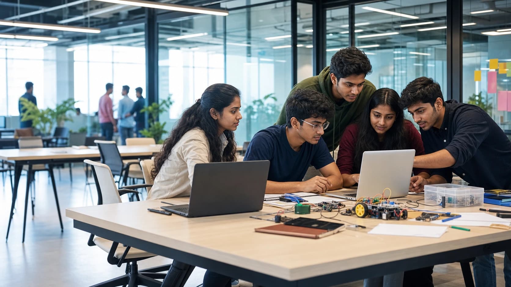 Indian college students collaborating on laptops and an electronics prototype in a modern innovation lab