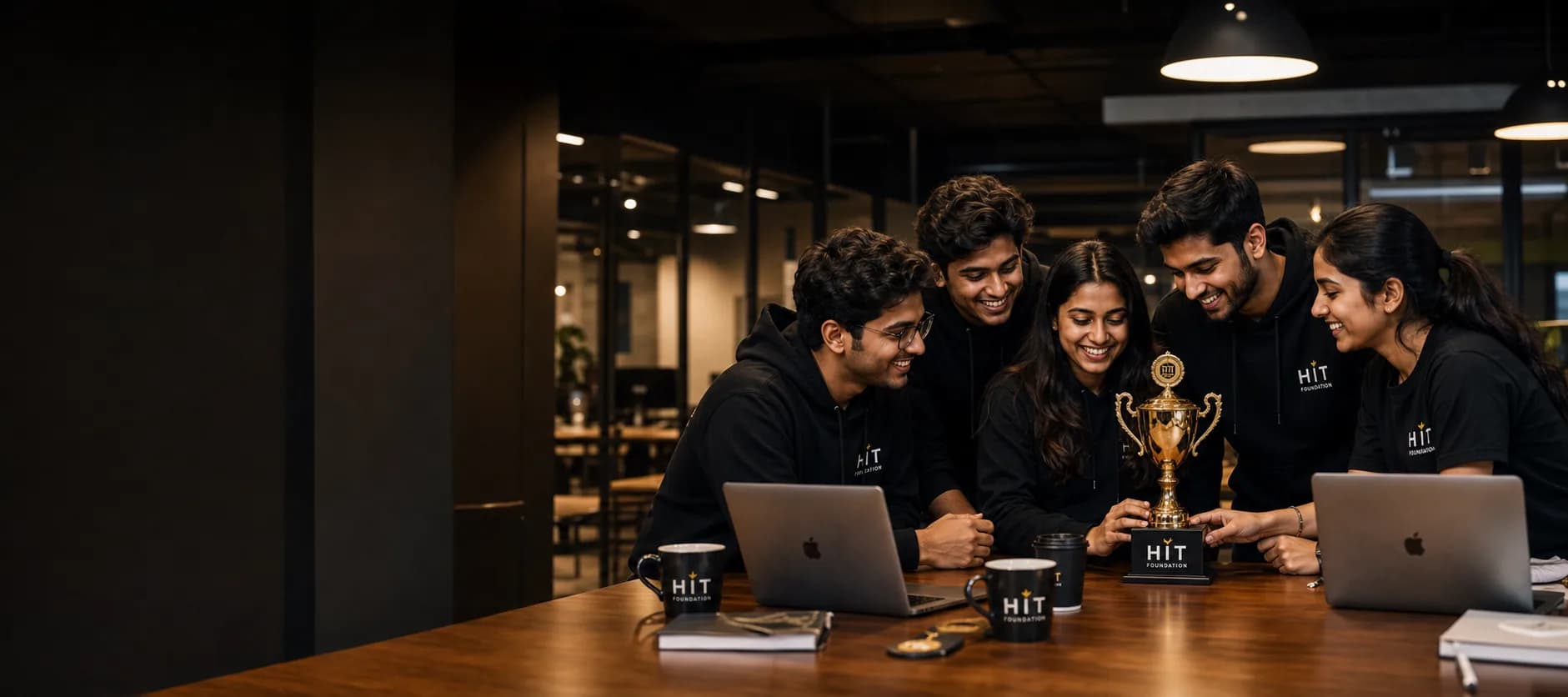 HIT Foundation Wall of Fame achievers celebrating in a modern innovation workspace